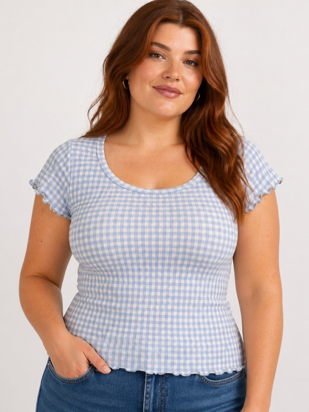 Laura Ashley Women’s XL Light Blue & White Gingham Scoop Neck Short Sleeve Top